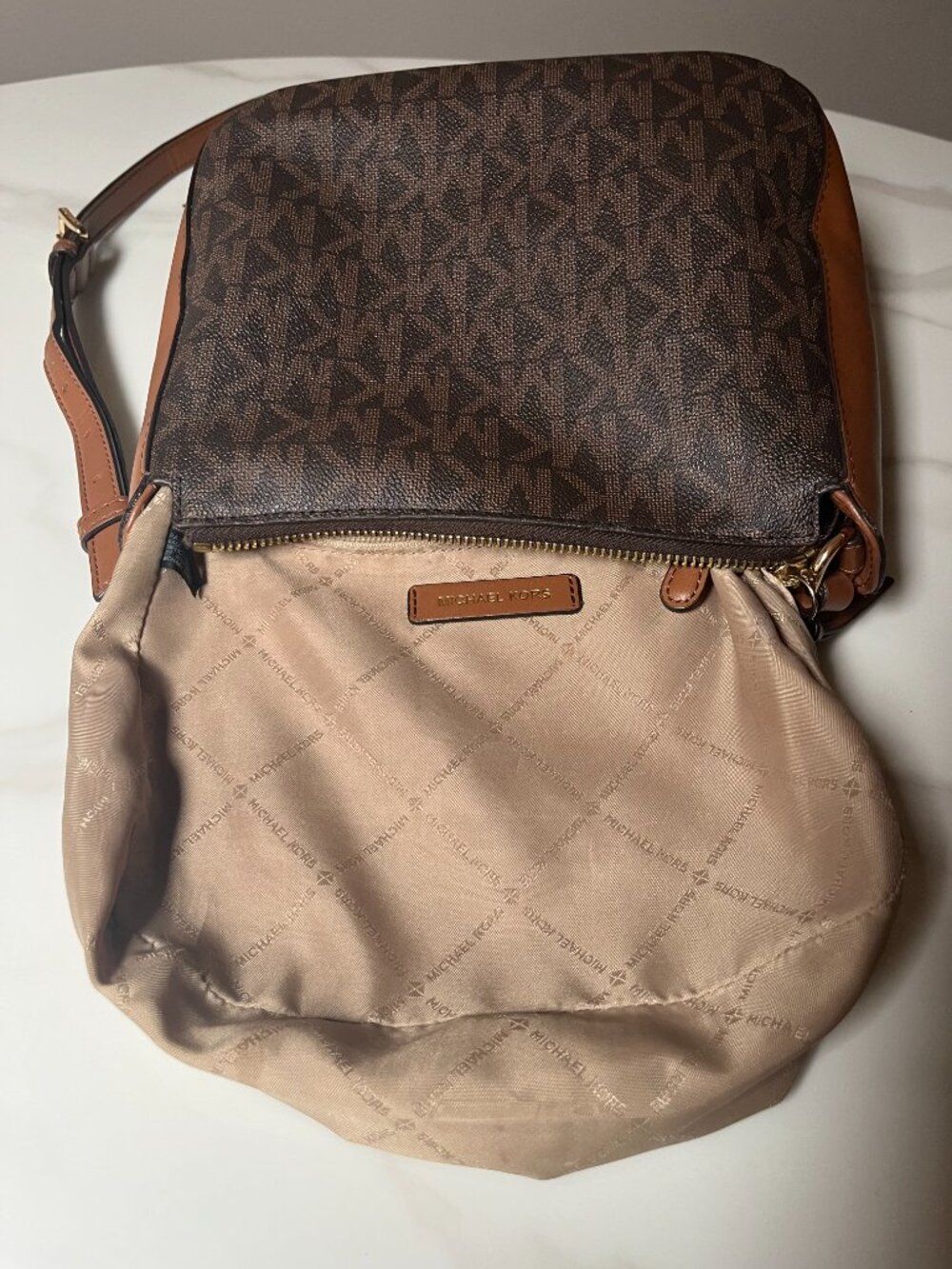 Michael Kors Signature MK Logo Shoulder Bag Brown Tan Leather - Like New - Picture 12 of 13